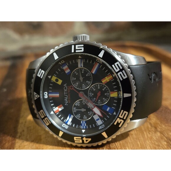 Nautica Men's A12626G 44mm Black Rubber Band Steel Case Quartz Flag Watch - Picture 6 of 10